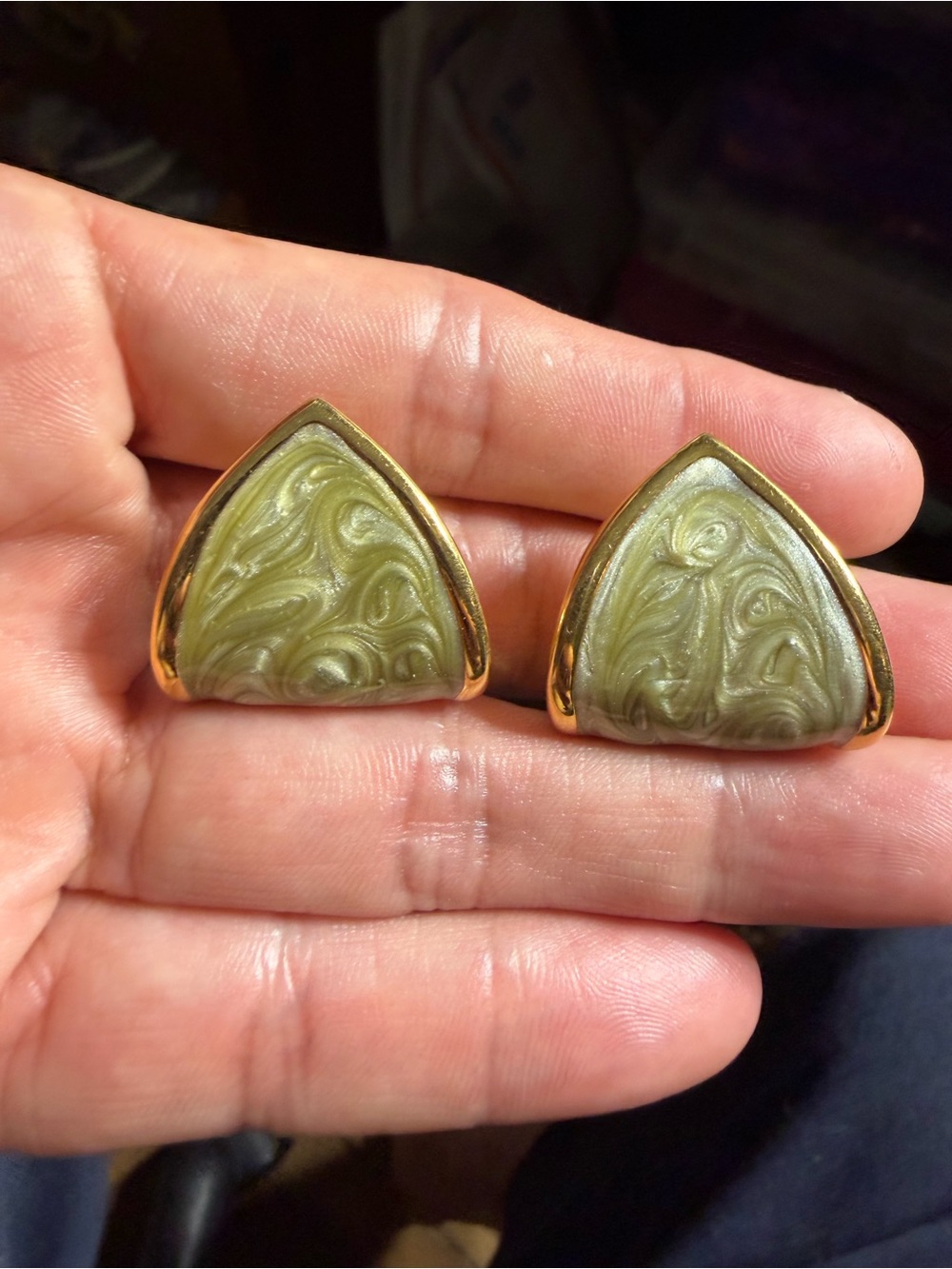 Vintage Monet Gold-Trim Olive Swirl Triangle Pierce Earrings